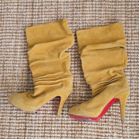 CHRISTIAN LOUBOUTIN Yellow Suede Mid-Calf Ruched Stiletto Round Toe Boots 38 - Picture 5 of 10